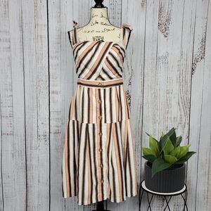 GIANNI BINI Striped Chic Button Tie Straight Neck Fit & Flare Summer Midi Dress